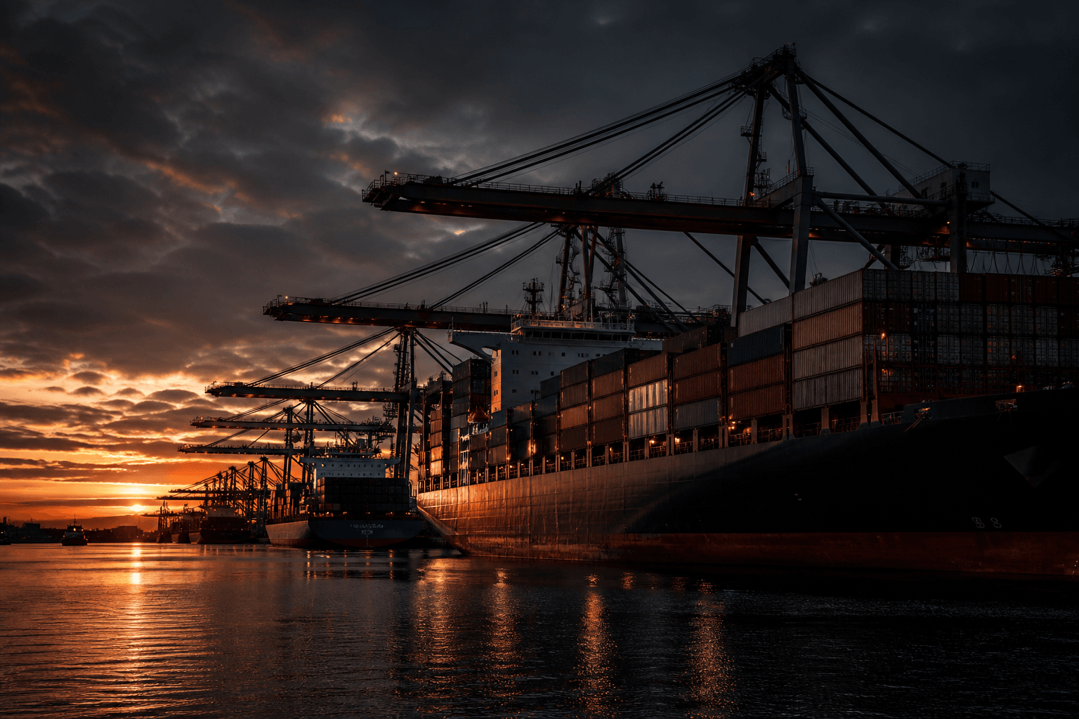 Container terminal silhouetted at dusk